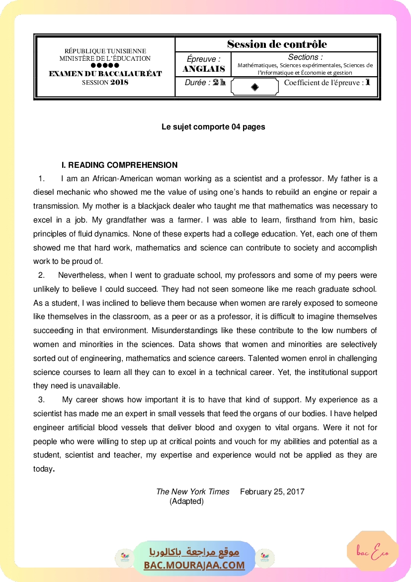 Corrigé controle anglais Bac 2018 – Section eco